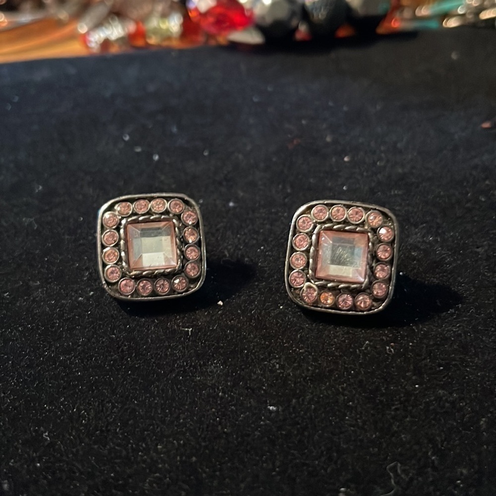 VINTAGE Square Pink Embellished Clip On Earrings